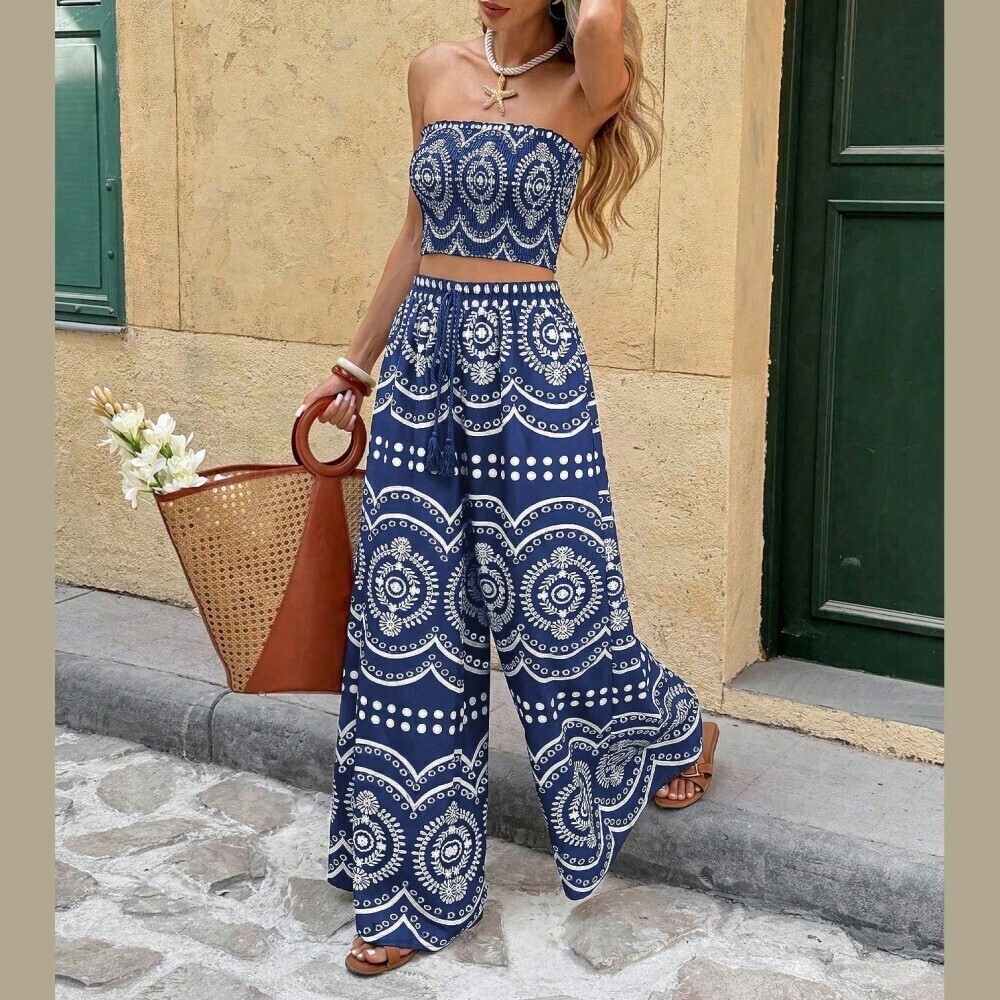 Navy Tribal Print Strapless Tube Top & Wide Leg Pants Set